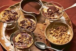 Honey & Co’s Peanut Butter Mousse with Salted Peanuts and Chocolate Sauce