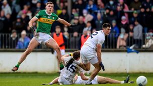 <p>IT'S MEANT 2B: David Clifford has a shot on goal during Kerry's last visit to Cedral St Conleth's Park for a competitive game in Division 1 in 2022 Photo: ©INPHO/Ryan Byrne</p>
