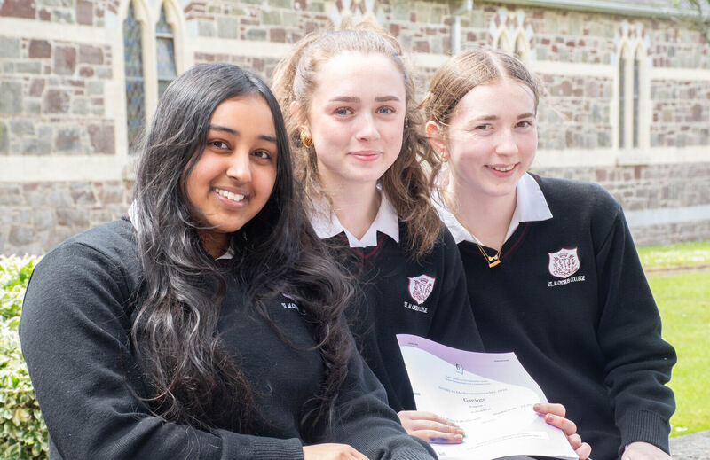 Melina Fernando, Aoibhinn O'Brien and Sadie Linehan who were happy with the Leaving Certificate Irish Paper 2 Higher Paper at St Aloysius College in Carrigtwohill. Picture: Howard Crowdy Melina Fernando, Aoibhinn O'Brien and Sadie Linehan who were happy with the Leaving Certificate Irish Paper 2 Higher Paper at St Aloysius College in Carrigtwohill. Picture: Howard Crowdy