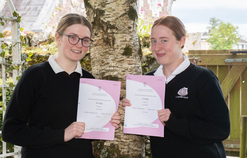 Sarah Ahern and Niamh Hartnett who completed the Leaving Certificate Irish Paper 2 Higher Paper at St Aloysius College in Carrigtwohill. Picture: Howard Crowdy Sarah Ahern and Niamh Hartnett who completed the Leaving Certificate Irish Paper 2 Higher Paper at St Aloysius College in Carrigtwohill. Picture: Howard Crowdy