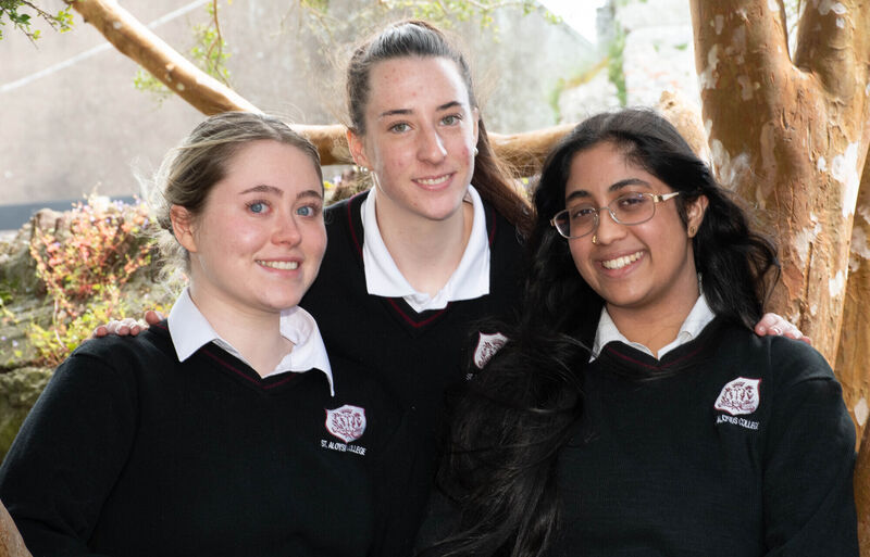 Saorla Twomey, Lara McLaughlin and Sadhana Balomourougan who were happy with the Leaving Certificate Higher Irish Paper 2 at St Aloysius College in Carrigtwohill. Picture: Howard Crowdy Saorla Twomey, Lara McLaughlin and Sadhana Balomourougan who were happy with the Leaving Certificate Higher Irish Paper 2 at St Aloysius College in Carrigtwohill. Picture: Howard Crowdy