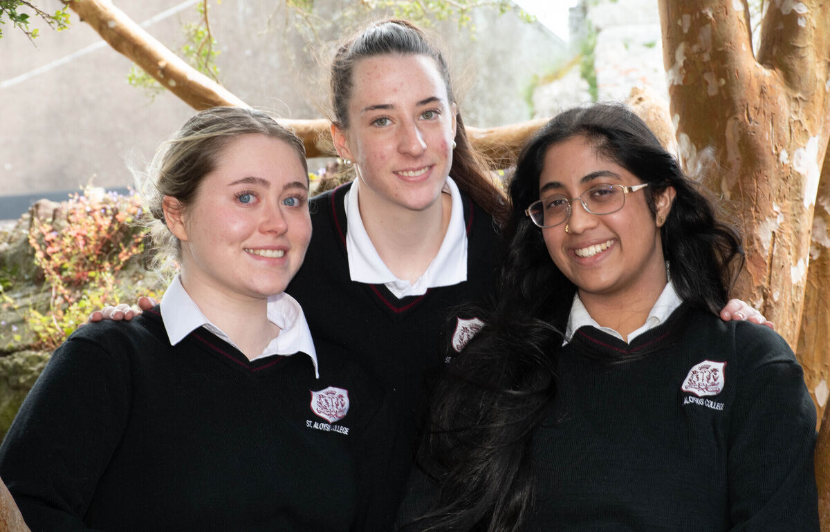  Saorla Twomey, Lara McLaughlin and Sadhana Balomourougan who were happy with the Leaving Certificate Higher Irish Paper 2 at St Aloysius College in Carrigtwohill. Picture: Howard Crowdy