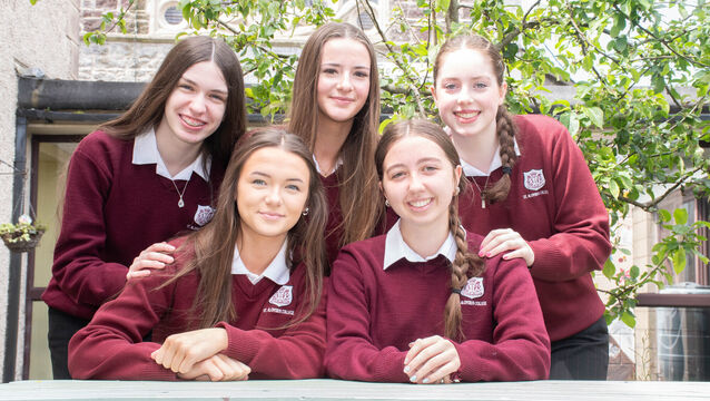 <p>All smiles from Doireann Nyhan, Isabel O'Connell, Racael Ryan, Sarah Malone and Lauren Kenny who completed the Junior Certificate French Exam in St Aloysius College in Carrigtwohill. Picture: Howard Crowdy</p>