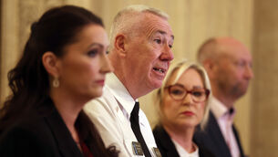 <p>(left to right) Deputy first Minister Emma Little-Pengelly, PSNI chief Constable Jon Boutcher, First Minister Michelle O’Neill and chair of the policing board Brenda Mullan speaking to the media (Liam McBurney/PA</p>