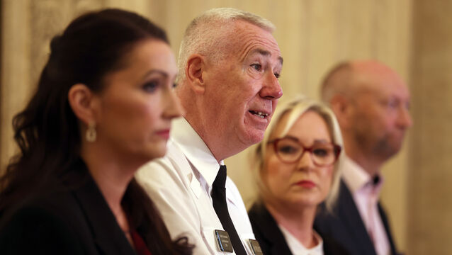 <p>(left to right) Deputy first Minister Emma Little-Pengelly, PSNI chief Constable Jon Boutcher, First Minister Michelle O’Neill and chair of the policing board Brenda Mullan speaking to the media (Liam McBurney/PA</p>