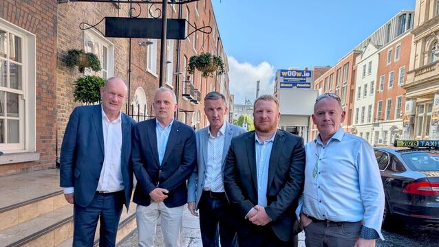 <p>Jason Clancy, Barry Murphy, Colin Power, Kevin Keating, and Paul Walsh outside Buswells' Hotel in Dublin after a press conference about a report into their abuser Bill Kenneally. Picture: Cillian Sherlock/PA</p>