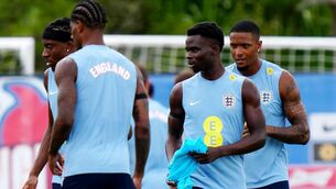 <p>England's Ezri Konsa (right) and Bukayo Saka (centre) during a training session at Palm Beach Gardens, Florida.</p> <p>England's Ezri Konsa (right) and Bukayo Saka (centre) during a training session at Palm Beach Gardens, Florida.</p>