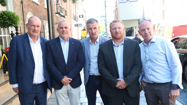 <p>Jason Clancy, Barry Murphy, Colin Power , Kevin Keating, and Paul Walsh outside Buswells Hotel on Tuesday. Picture: Stephen Collins/Collins</p>