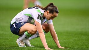 <p>Anna Patten of Republic of Ireland reacts after the 2027 FIFA Women’s World Cup Qualifier match between France and Republic of Ireland. Pic: Stephen McCarthy/Sportsfile</p>