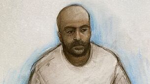 <p>Court artist drawing of Sudanese national Hadi Alodid, 30 appearing via videolink at Belfast Magistrates Court, charged with the attempted stabbing murder of Stephen Ogilvie in Belfast, threats to kill an NHS radiographer on the same day and possession of a knife. Picture: Elizabeth Cook/PA Wire</p>