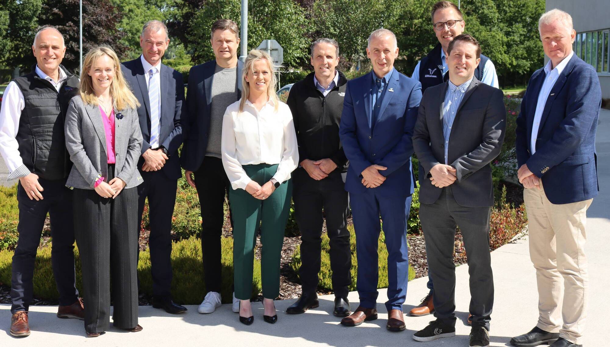 (Left to right): Andrew Cromie, vice president and general manager Europe of ST Genetics; Sinead McParland of Teagasc; Sean Coughlan, CEO of Irish Cattle Breeding Federation; Lars Nielsen, chief breeding officer of Viking Genetics; Margaret Kelleher, genetics operations manager of the Irish Cattle Breeding Federation; Stephen Butler of Teagasc; Donagh Berry, director of VistaMilk; Hendrik Albada, global sire acquisition manager at Genus ABS; Mark Daly of Research Ireland;  and Håvard Melbo Tajet, chief technology and innovation officer at Geno. 
