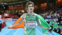Ciaran O'Lionaird celebrate taking bronze in the Men's 3000m Final 2/3/2013