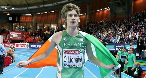 Ciaran O'Lionaird celebrate taking bronze in the Men's 3000m Final 2/3/2013