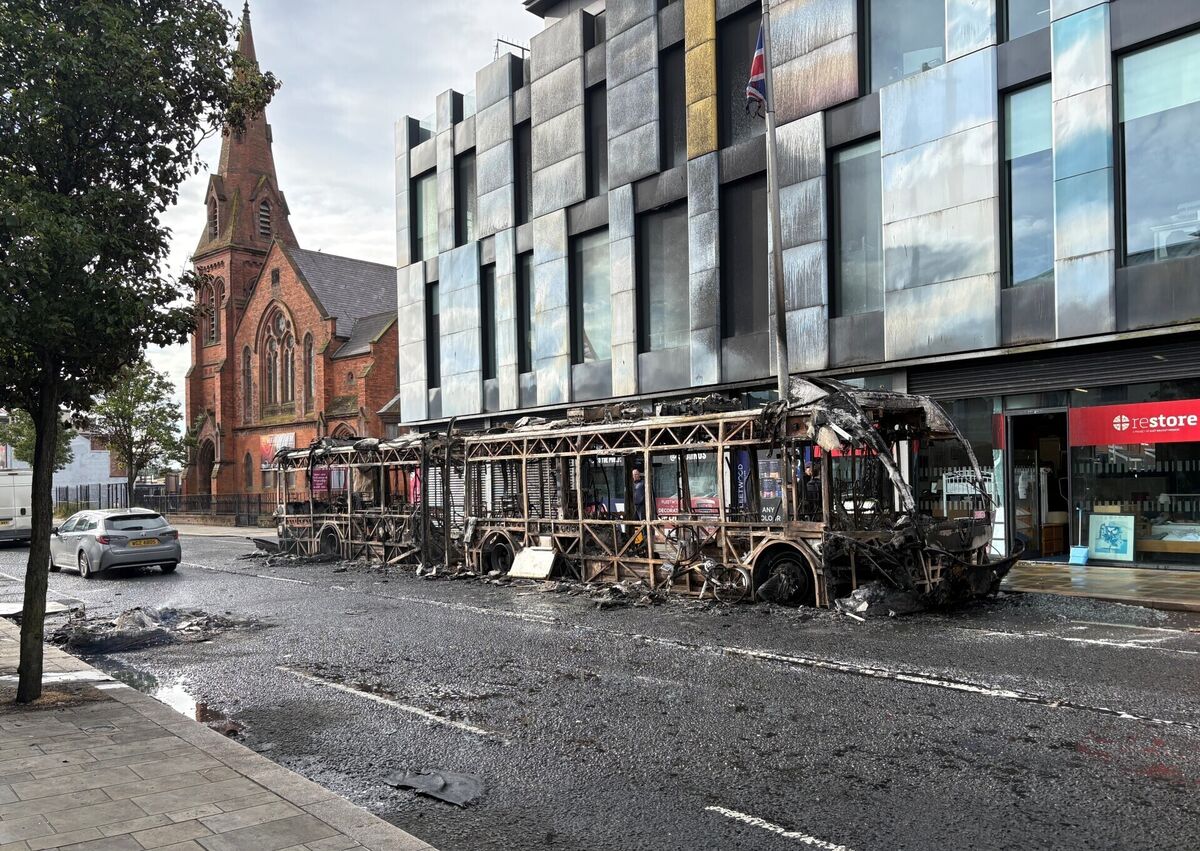 Burned out Gilder bus on Newtownards Road in east Belfast after violence erupted on Tuesday night on the streets following a stabbing attack in the Kinnaird Avenue residential area. Picture: PA Wire Burned out Gilder bus on Newtownards Road in east Belfast after violence erupted on Tuesday night on the streets following a stabbing attack in the Kinnaird Avenue residential area. Picture: PA Wire
