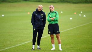 <p>Head coach Carla Ward and Katie McCabe during a Republic of Ireland women's training session at Fota Island Resort in Cork. Pic: Stephen McCarthy/Sportsfile</p>