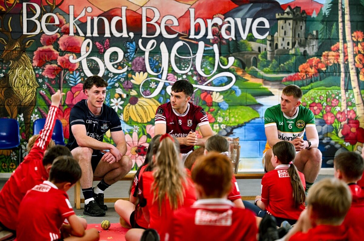 Pupils of Scoil Chroí Íosa, Blarney, during an interview session with, from left, Eddie Gibbons of Dublin, Aaron Niland of Galway and Killian Sampson of Offaly. Pic: Brendan Moran/Sportsfile. Pupils of Scoil Chroí Íosa, Blarney, during an interview session with, from left, Eddie Gibbons of Dublin, Aaron Niland of Galway and Killian Sampson of Offaly. Pic: Brendan Moran/Sportsfile.