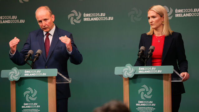 <p>Taoiseach Micheál Martin and foreign affairs and defence minister Helen McEntee at the Government press conference to launch the Irish presidency programme. Picture: Eamonn Farrell/RollingNews</p>