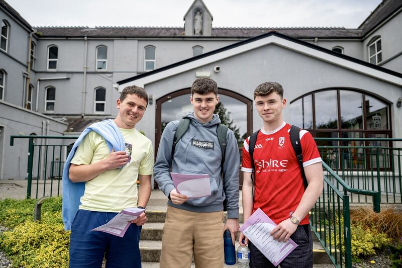 (Left to right) Liam O’Callaghan, Shane Tynan and Darragh O’Connor. outside Rochestown College following their Leaving Certificate History exam. Picture: Chani Anderson