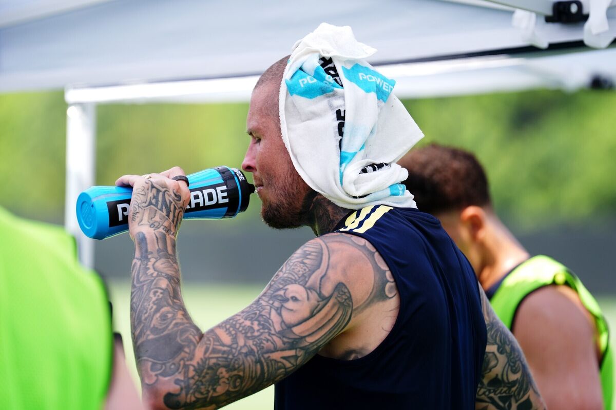 Scotland's Lyndon Dykes takes on water during a training session at the Atrium Health Training Ground in Charlotte, North Carolina. Pic: Andrew Milligan/PA Wire. Scotland's Lyndon Dykes takes on water during a training session at the Atrium Health Training Ground in Charlotte, North Carolina. Pic: Andrew Milligan/PA Wire.