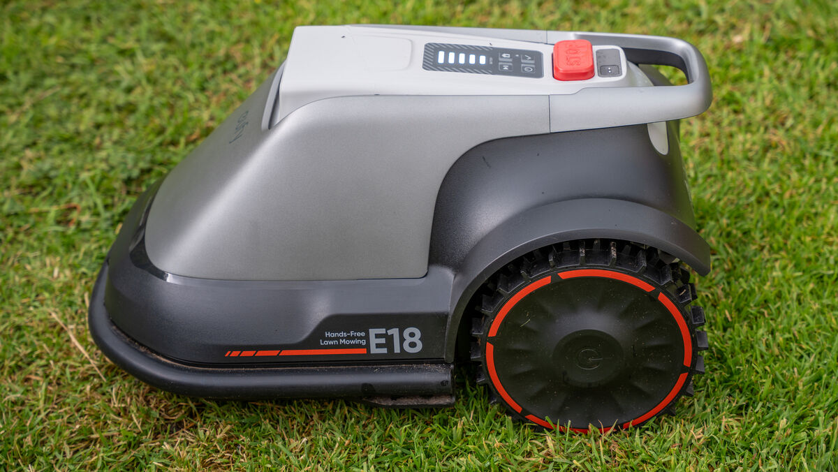 The rugged, tractor-style rear tyres of the E18 are engineered to provide superior grip on various lawn surfaces. Picture: Noel Campion The rugged, tractor-style rear tyres of the E18 are engineered to provide superior grip on various lawn surfaces. Picture: Noel Campion