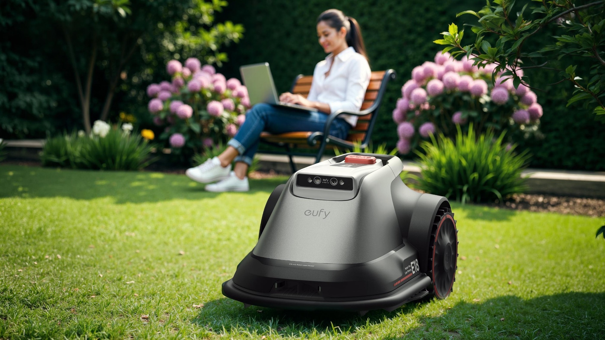 The Eufy E18 robot mower uses AI technology, advanced cameras and a wire-free setup to automate lawn maintenance. Picture: Eufy