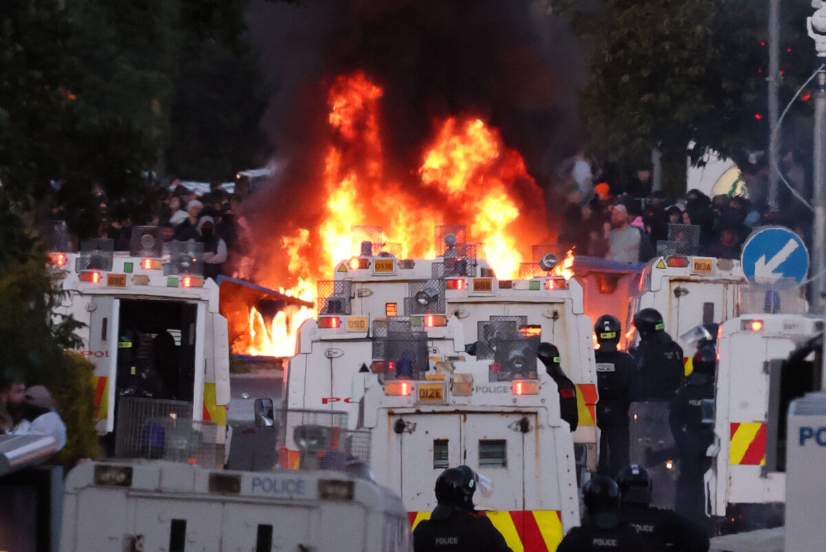 Protesters set fire to a barricade as police block Antrim Road, at the Sandyknowes roundabout in Newtownabbey. Picture date: Wednesday June 10, 2026. Protesters set fire to a barricade as police block Antrim Road, at the Sandyknowes roundabout in Newtownabbey. Picture date: Wednesday June 10, 2026.