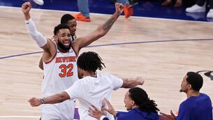 <p>Karl-Anthony Towns of the New York Knicks celebrates after his team's 107-106 victory against the San Antonio Spurs. Pic: Al Bello/Getty Images</p>