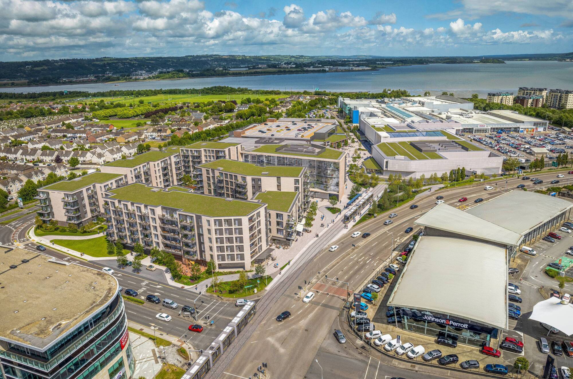 View of the proposed Mahon 2.0 extension proposal showing future-planned LUAS light rail terminal.