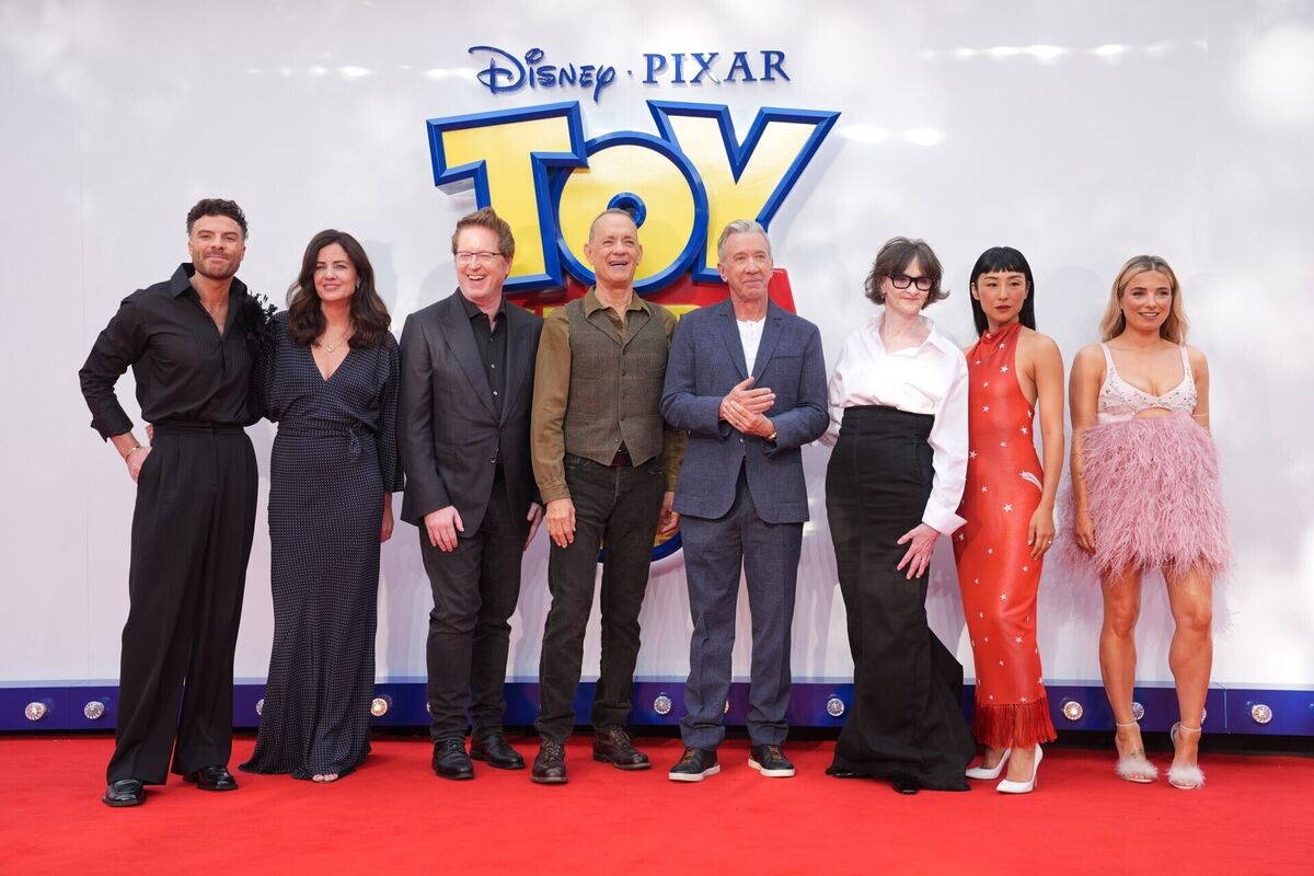 (Left to right) Jordan North, Lindsey Collins, Andrew Stanton, Tom Hanks, Tim Allen, Joan Cusack and Greta Lee at a launch event for Toy Story 5. Picture: Yui Mok/PA (Left to right) Jordan North, Lindsey Collins, Andrew Stanton, Tom Hanks, Tim Allen, Joan Cusack and Greta Lee at a launch event for Toy Story 5. Picture: Yui Mok/PA