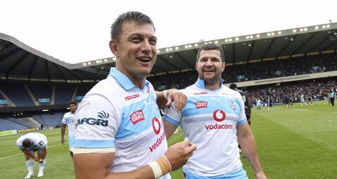 Handre Pollard and Marco van Staden celebrate after the match 6/6/2026