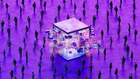 Glowing Data Cubes with Business Crowd on Futuristic Neon Background