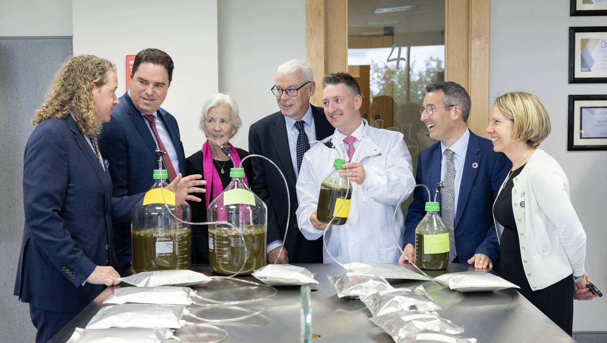 Alltech president and CEO Mark Lyons, Minister agriculture minister Martin Heydon, Alltech founder and owner Deirdre Lyons, IDA Ireland head of biopharma and food Rory Mullen, Alltech Europe & Asia Pacific applications Manager Patrick Ward, Northern Ireland agriculture minister Andrew Muir, and Alltech global vice president of ESG Tara McCarthy. Picture: Finbarr O'Rourke