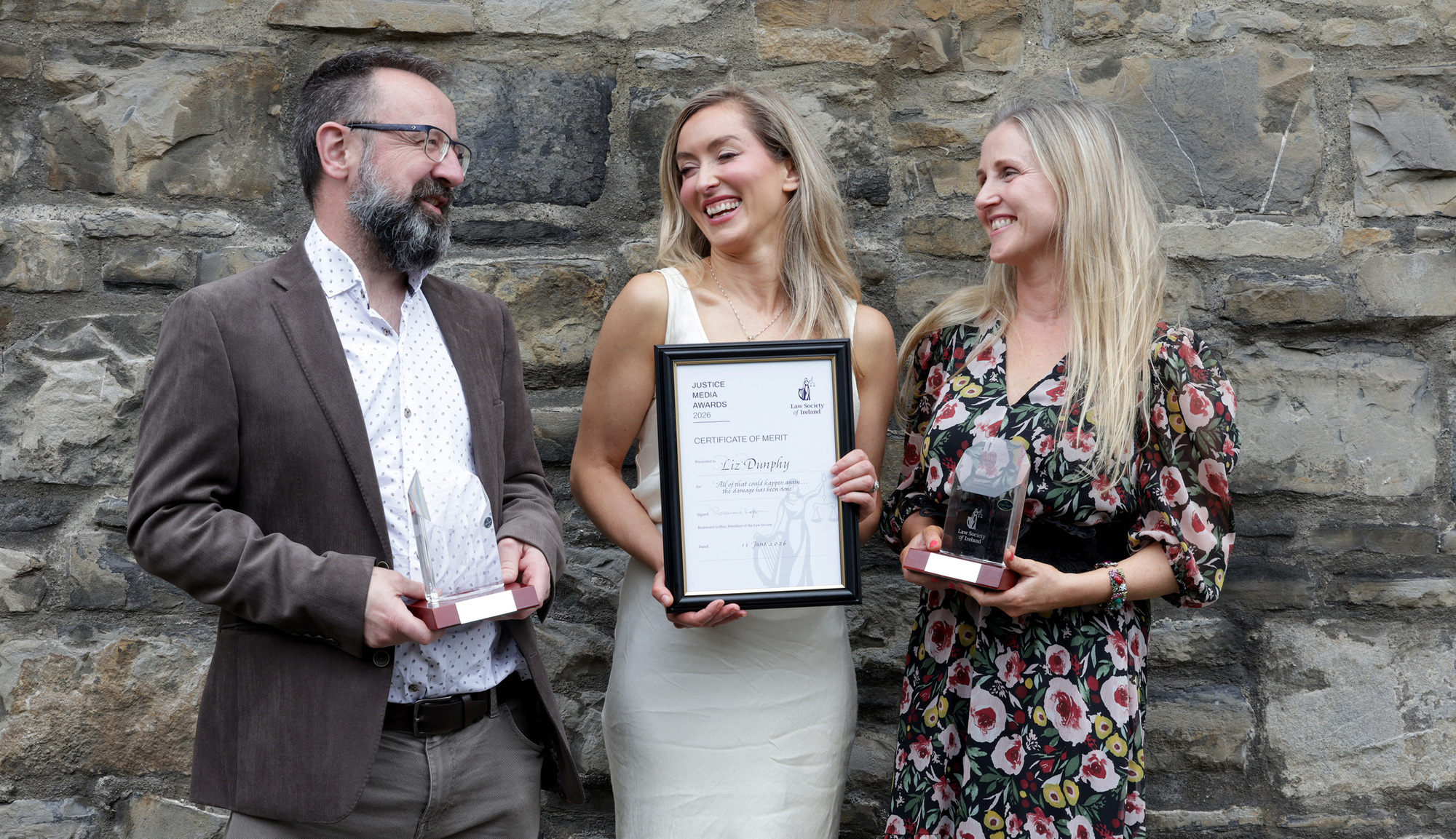 Cormac O’Keeffe received a Justice Media Award in the Print-Online Journalism (feature) category, Liz Dunphy received a Certificate of Merit, and Alison O’Reilly received a Justice Media Award in the Human Rights/Social Justice Reporting (print/online) category at the Law Society of Ireland Justice Media Awards. Picture: Jason Clarke