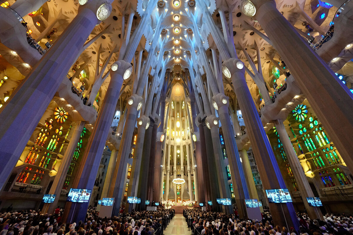 Pope Leo XIV celebrating Mass at the Basilica of the Sagrada Familia in Barcelona, Spain, on Wednesday. Picture: Bernat Armangue/AP