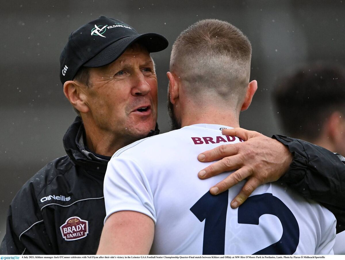 Kildare manager Jack O'Connor celebrates with Neil Flynn after their side's victory in the Leinster Quarter-Final against Offaly. Picture: Piaras Ó Mídheach/Sportsfile Kildare manager Jack O'Connor celebrates with Neil Flynn after their side's victory in the Leinster Quarter-Final against Offaly. Picture: Piaras Ó Mídheach/Sportsfile