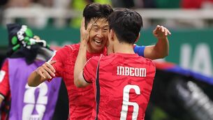 <p>In-Beom Hwang of Korea Republic celebrates scoring his team's first goal with Heung-Min Son. Pic: Alex Slitz/Getty Images)</p>