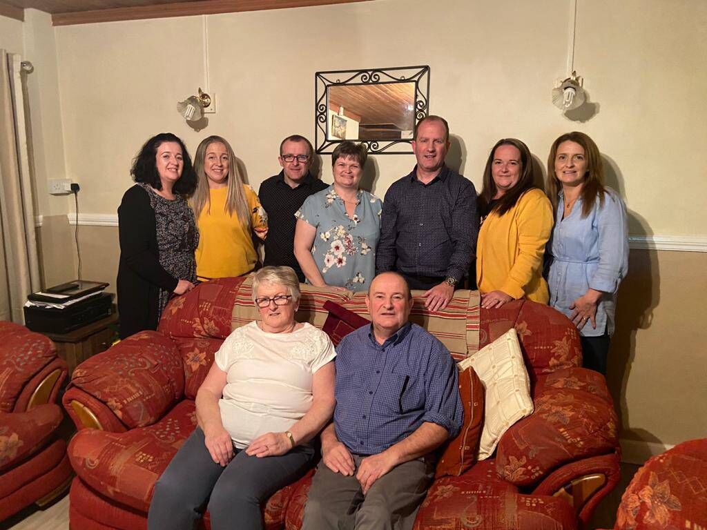 Dominic meeting with his biological parents for the first time, Anne and John Feery (front seated), and his five sisters and one brother from Tyrrellspass, Co. Westmeath. Dominic is standing third from right. Dominic meeting with his biological parents for the first time, Anne and John Feery (front seated), and his five sisters and one brother from Tyrrellspass, Co. Westmeath. Dominic is standing third from right.