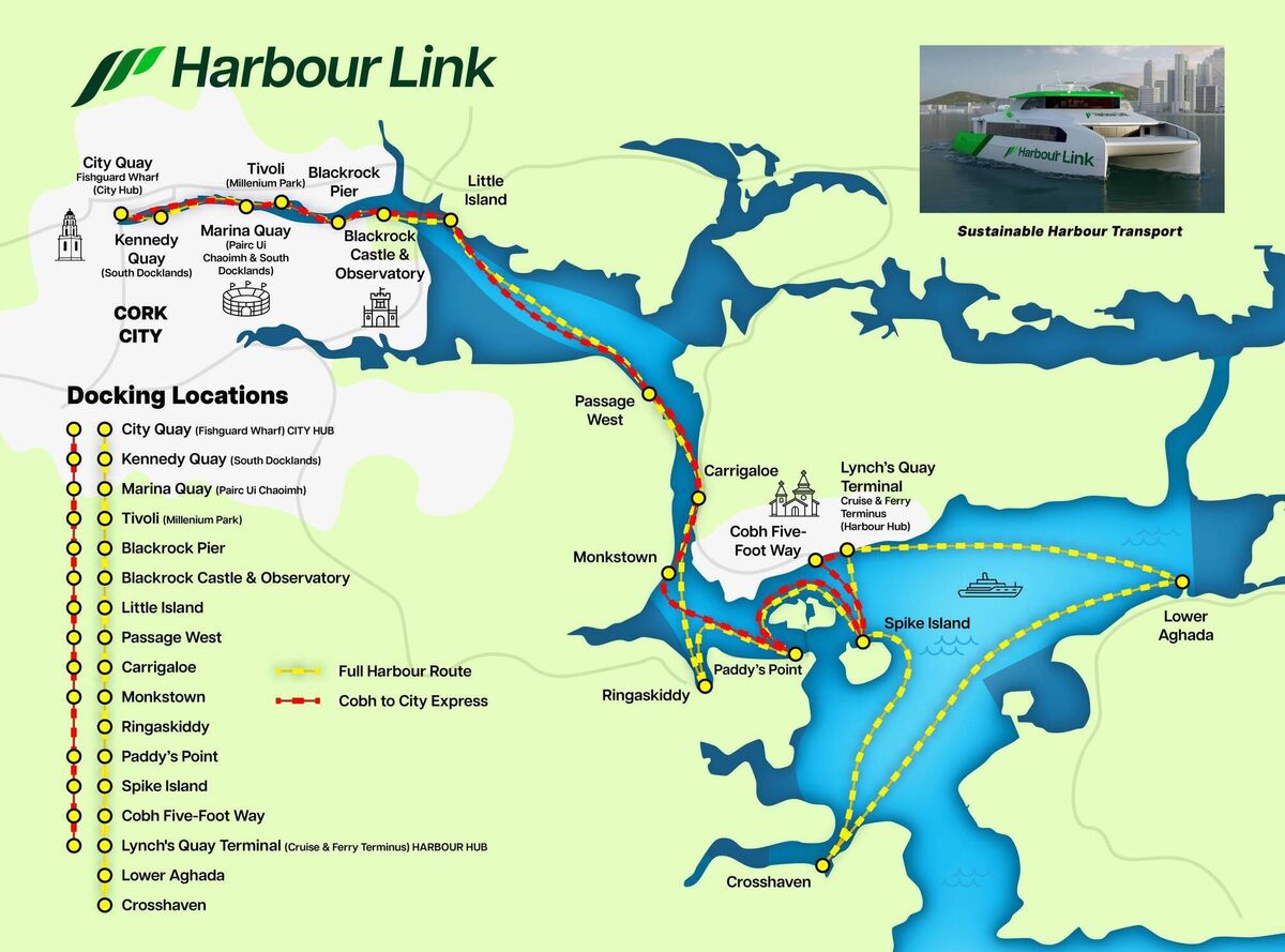 The Harbour Link proposal unveiled in May 2025 would have connected 17 locations including Cork City's docklands, Páirc Uí Chaoimh, Passage West, Cobh, Spike Island, and Crosshaven. The Harbour Link proposal unveiled in May 2025 would have connected 17 locations including Cork City's docklands, Páirc Uí Chaoimh, Passage West, Cobh, Spike Island, and Crosshaven.