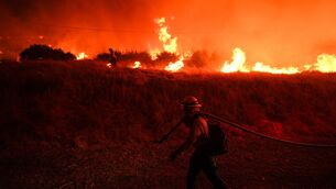 <p>A firefighter monitors a wildfire in California (Jae C. Hong/AP)</p>