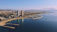 Aerial view of Ciutat Vella district with Barceloneta beach Spain