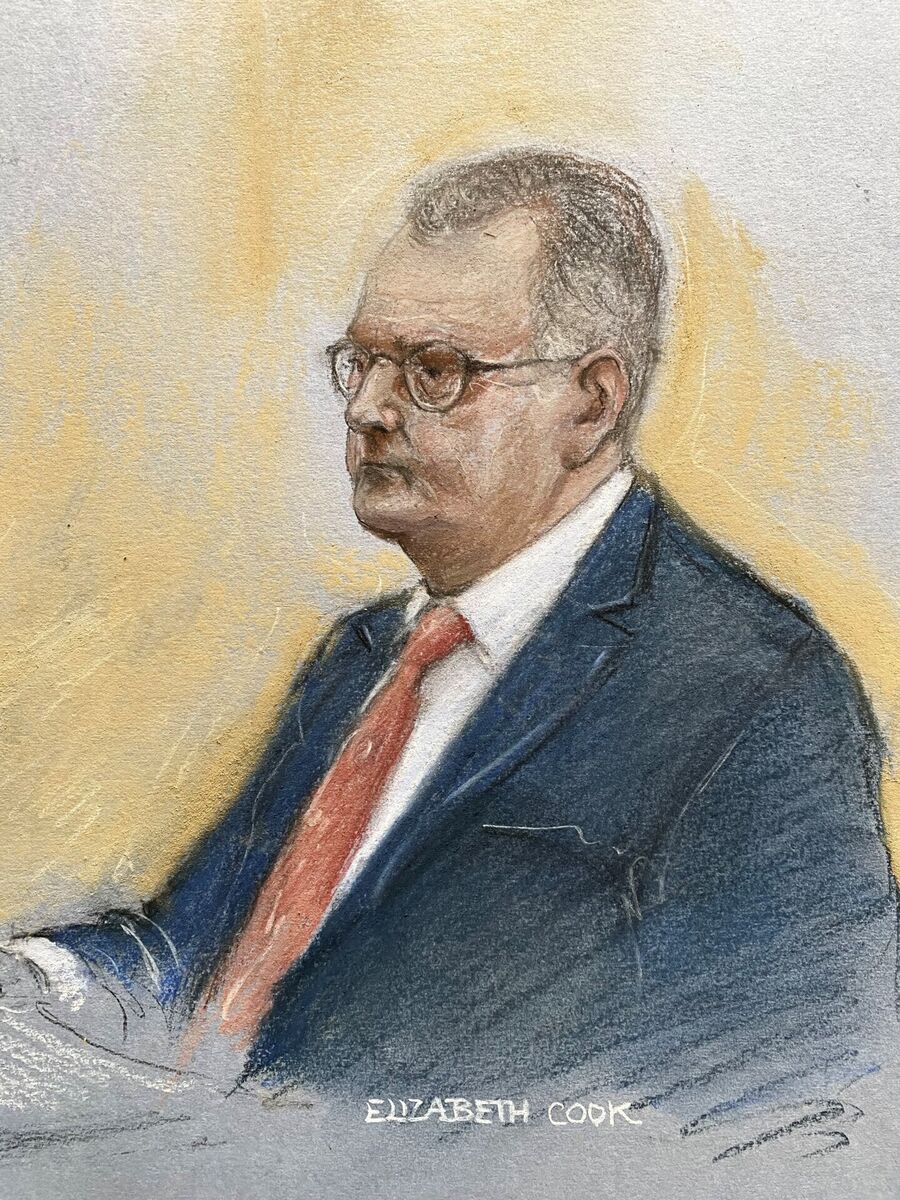 Court artist drawing of Jeffrey Donaldson in the witness box at Newry Crown Court, where he and his wife Eleanor Donaldson are accused of historical sexual offences. Picture: Elizabeth Cook /PA Wire