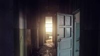 Dirty empty dark corridor in abandoned building, doors, light in the end, perspective, way to freedom
