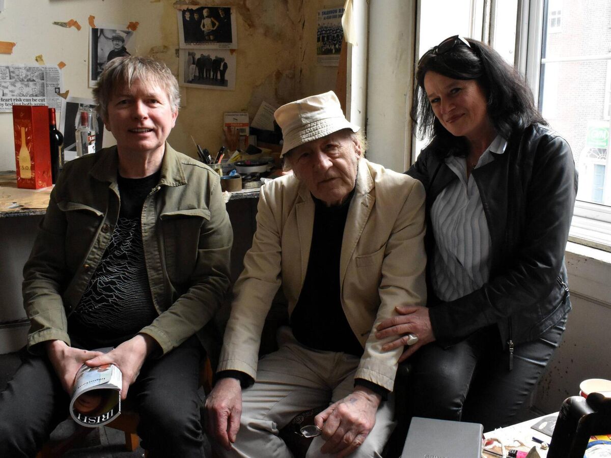 John Shinnors, centre, with Siobhán Caplice (Cahir Arts) and curator PJ O'Connell. John Shinnors, centre, with Siobhán Caplice (Cahir Arts) and curator PJ O'Connell.