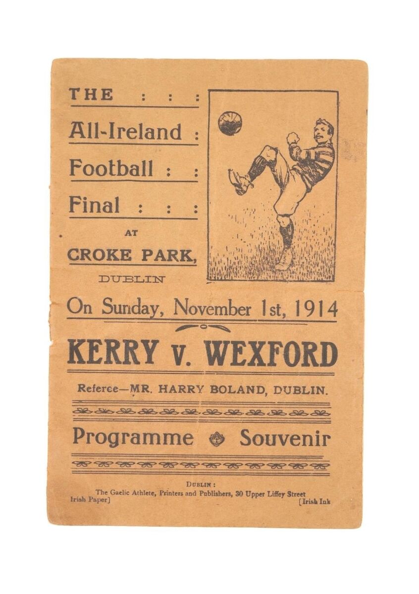 The programme for the 1914 All-Ireland Football Final, refereed by the patriot and revolutionary Harry Boland, at Fonsie Mealy.