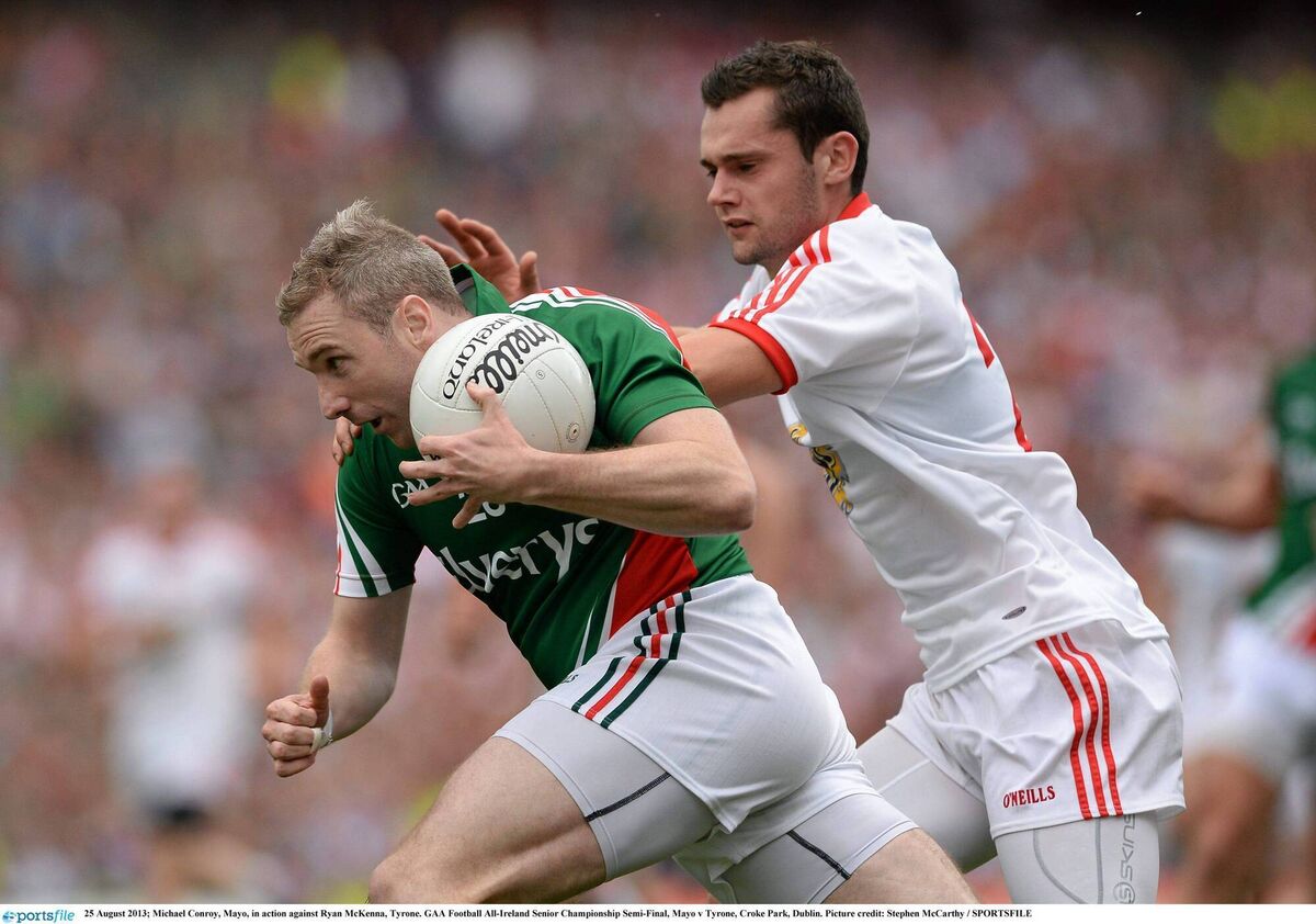 Michael Conroy, Mayo, in action against Ryan McKenna, Tyrone, during the 2013 All-Ireland SFC semi-final. Pic:: Stephen McCarthy / SPORTSFILE Michael Conroy, Mayo, in action against Ryan McKenna, Tyrone, during the 2013 All-Ireland SFC semi-final. Pic:: Stephen McCarthy / SPORTSFILE