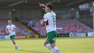 <p>Cork City's Ruairi Keating celebrates scoring a goal. Pic: Jim Coughlan.</p>