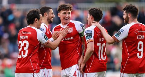 Zack Elbouzedi celebrates with James Brown, Joe Redmond, Kian Leavy and Aidan Keena after scoring his side's second goal 12/6/20