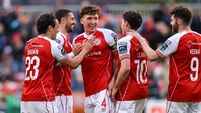 Zack Elbouzedi celebrates with James Brown, Joe Redmond, Kian Leavy and Aidan Keena after scoring his side's second goal 12/6/20