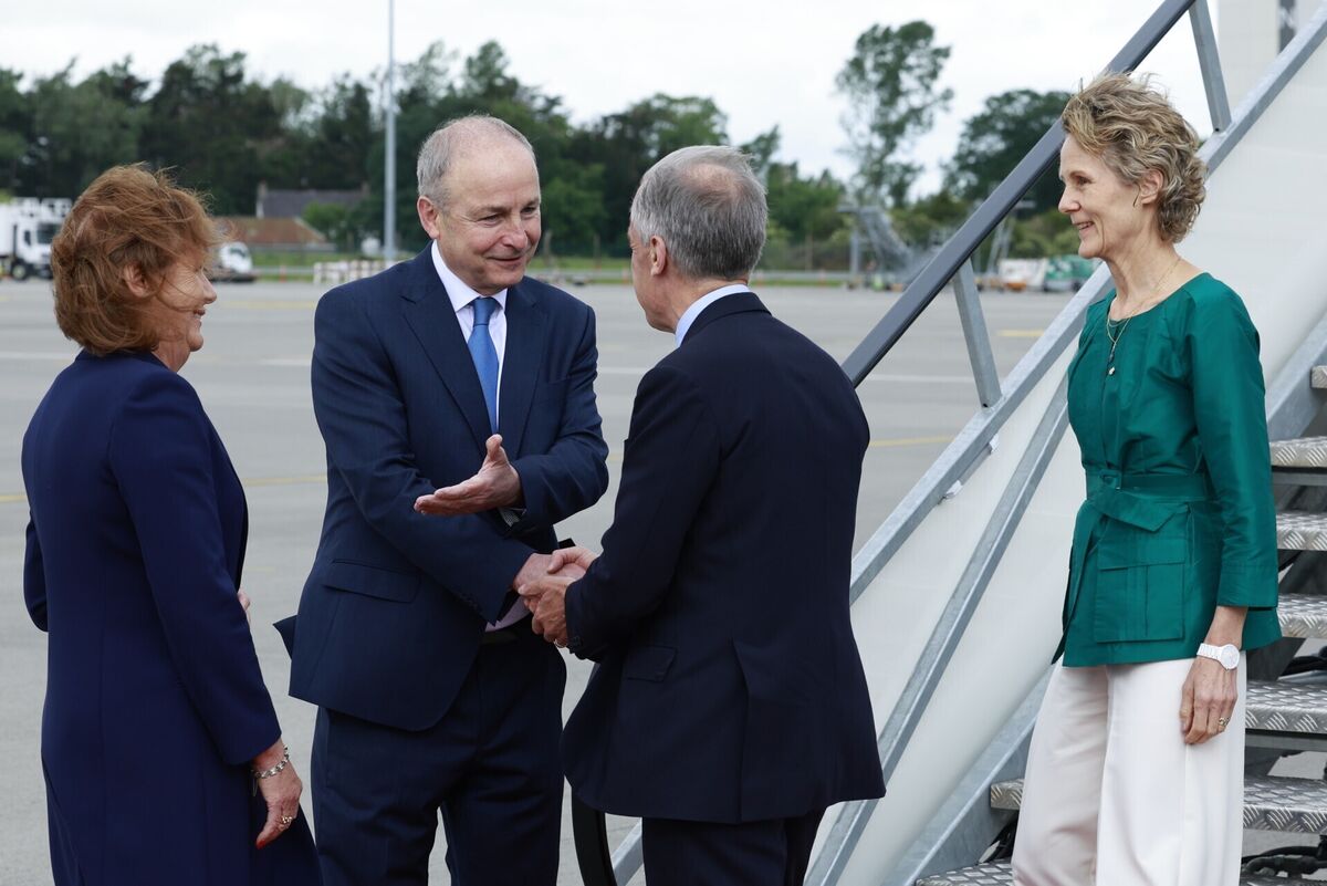 Canadian prime minister Mark Carney (second right) and his wife Diana Fox Carney (right) are welcomed by Taoiseach Micheál Martin and his wife Mary O'Shea at Dublin airport at the start of his visit to Ireland. Picture: Conor O Mearain/PA Wire Canadian prime minister Mark Carney (second right) and his wife Diana Fox Carney (right) are welcomed by Taoiseach Micheál Martin and his wife Mary O'Shea at Dublin airport at the start of his visit to Ireland. Picture: Conor O Mearain/PA Wire