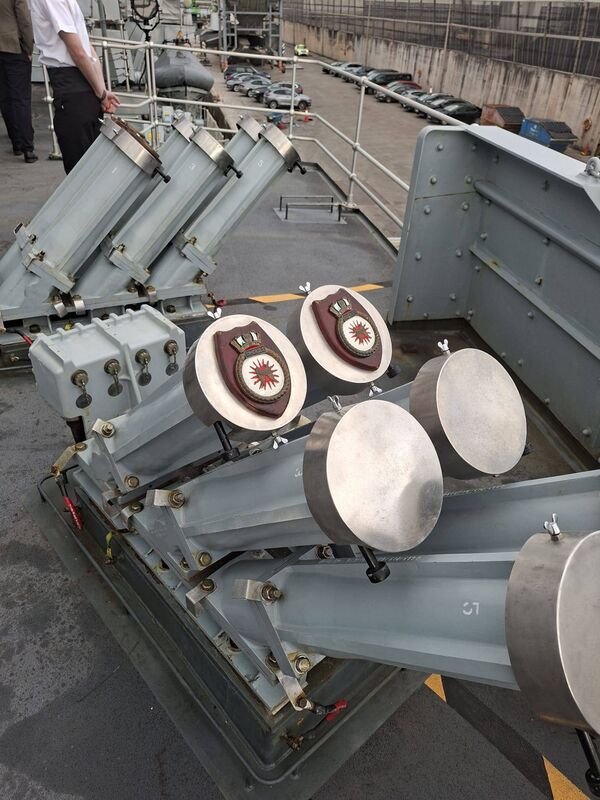Decoy systems on HMS Somerset designed to defend against incoming missiles. Photo: Cormac O’Keeffe